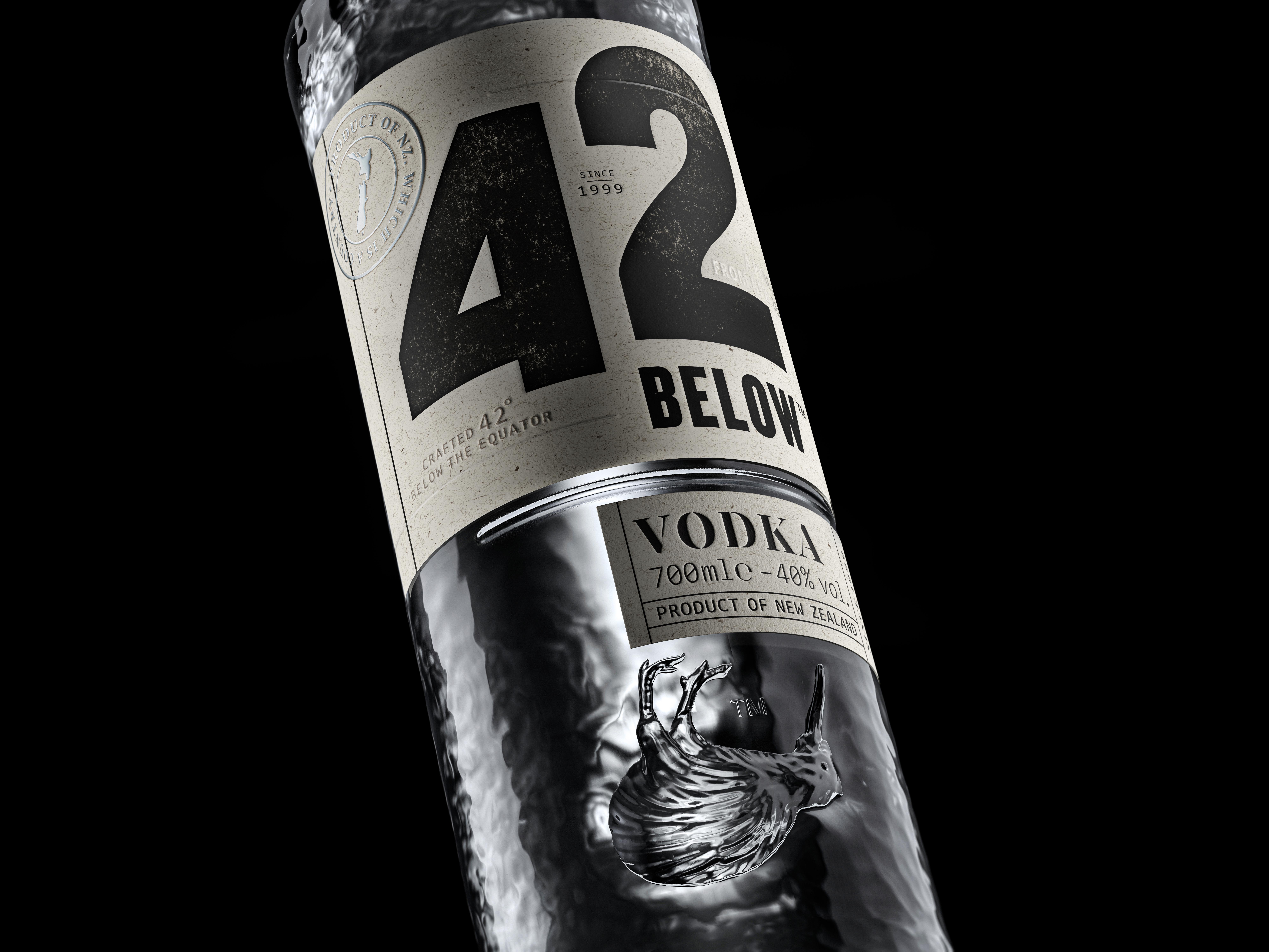 42 Below Vodka — textured label and embossed kiwi in glass