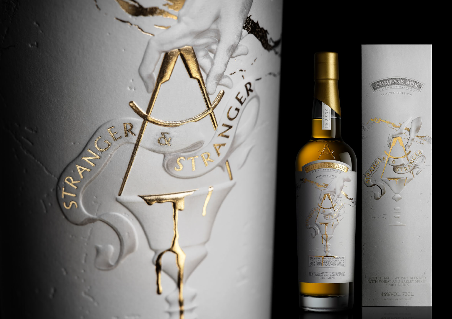 Compass Box × Stranger & Stranger 10th anniversary — embossed and gold-foiled pack