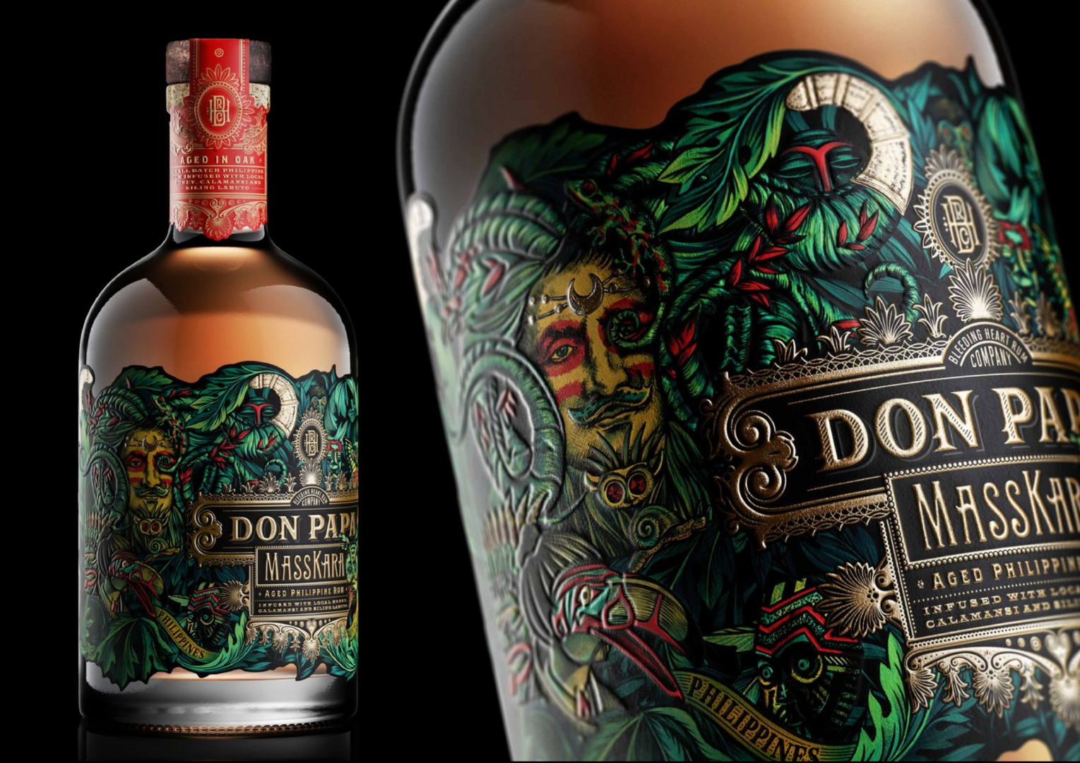 Don Papa Rum MassKara — illustrated label with gold foil and dense embossing