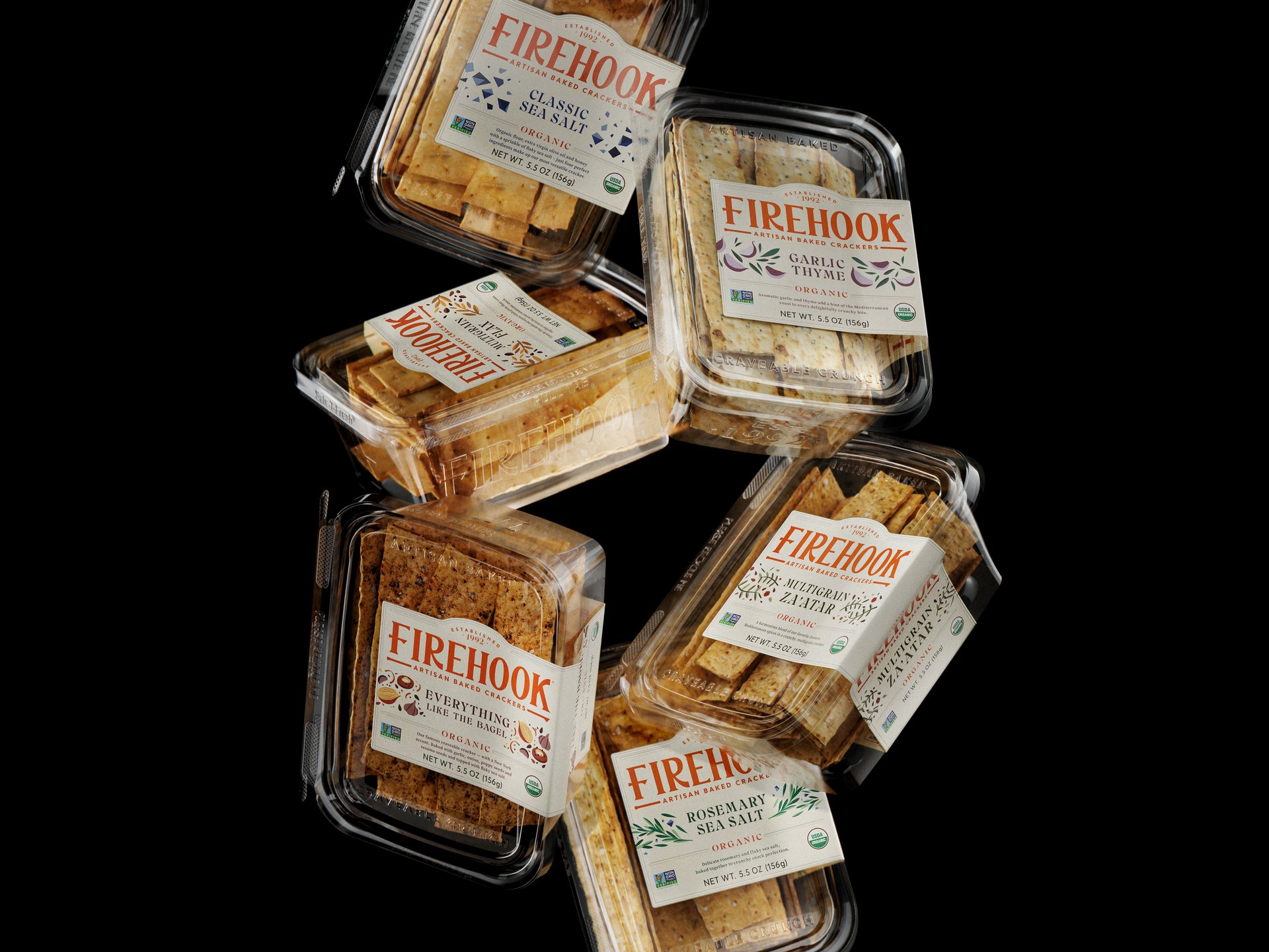 Firehook artisan baked crackers — rebranded range of six varieties