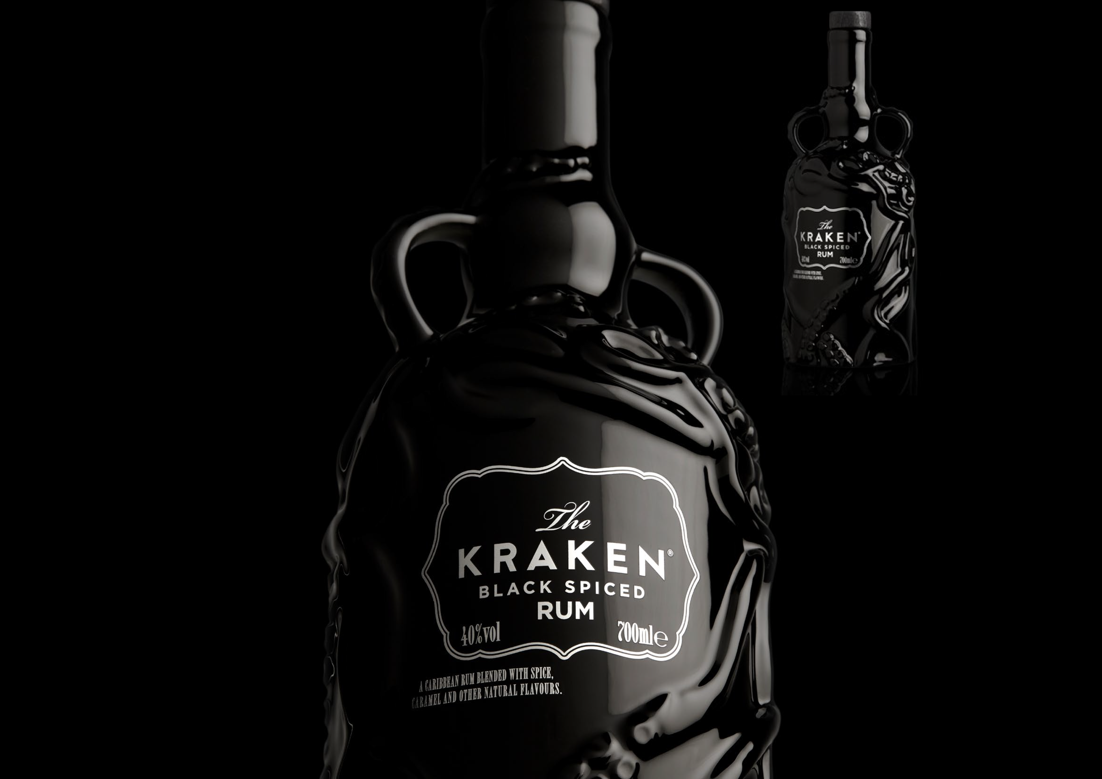 The Kraken Black Spiced Rum — sculpted black ceramic bottle