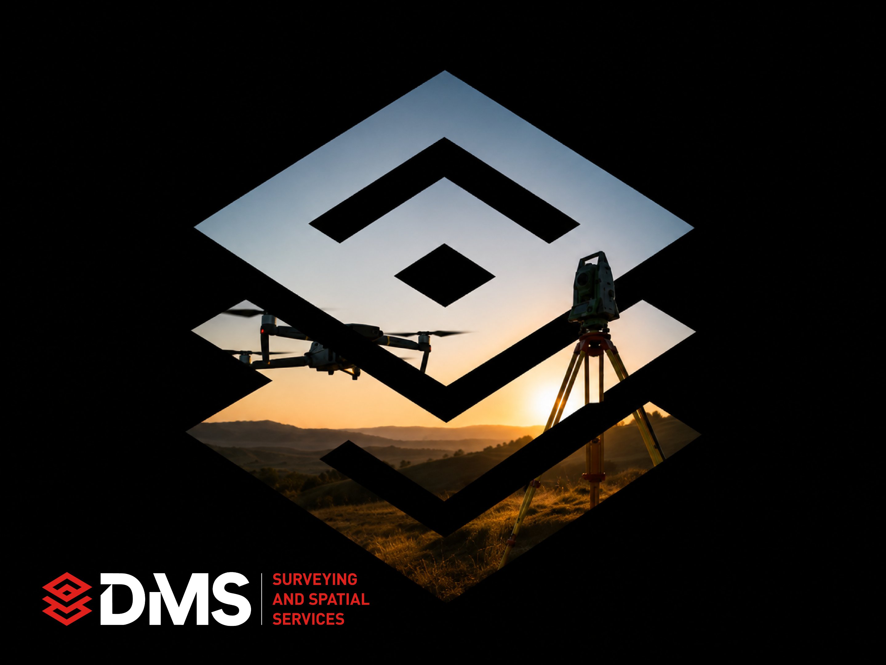 DMS Surveying & Spatial Services brand mark, drone and total station at sunset